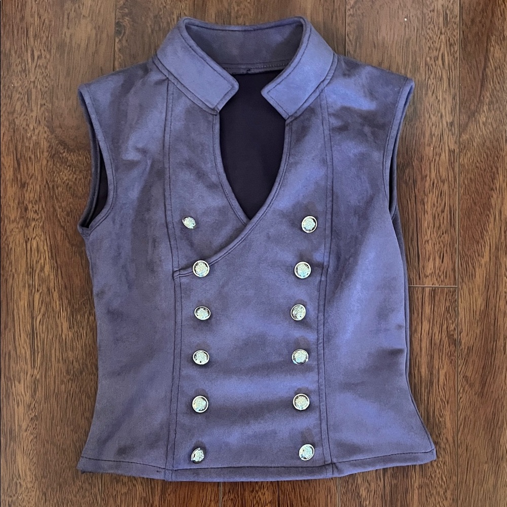 Violet ~ Purple faux suede military style vest with gold buttons
